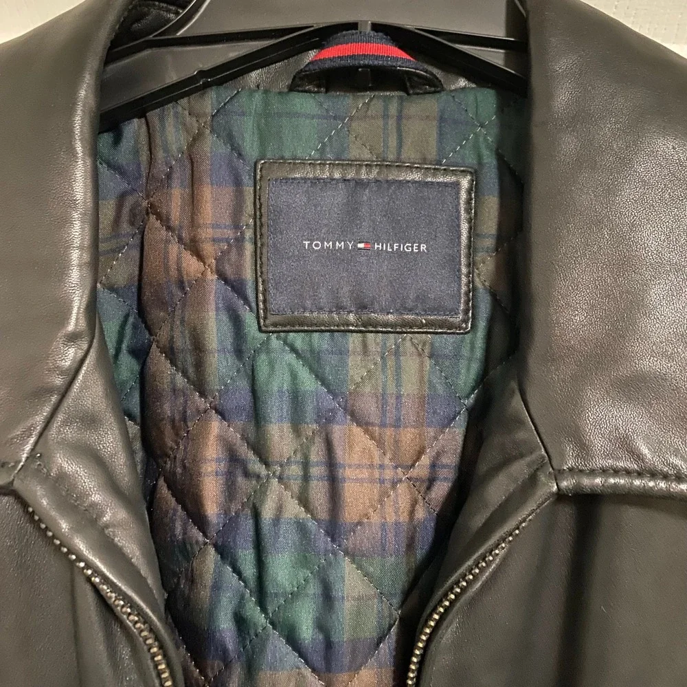 Tommy Hilfiger Leather Jacket Mens XL Black Bomber Preppy Quilted Plaid Lined